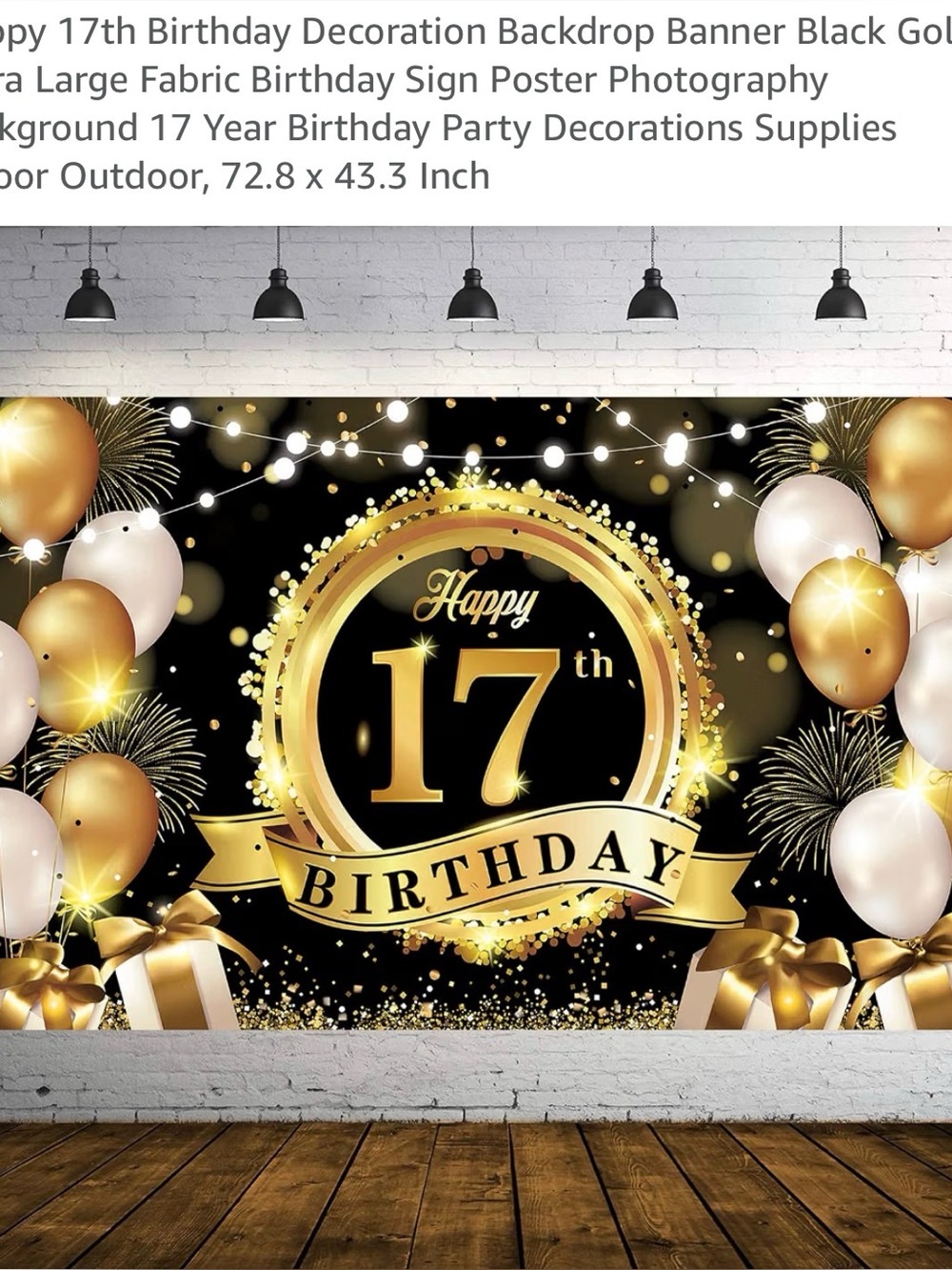 Happy 17th Birthday Backdrop Banner - Black & Gold Party Decoration 73"x43"